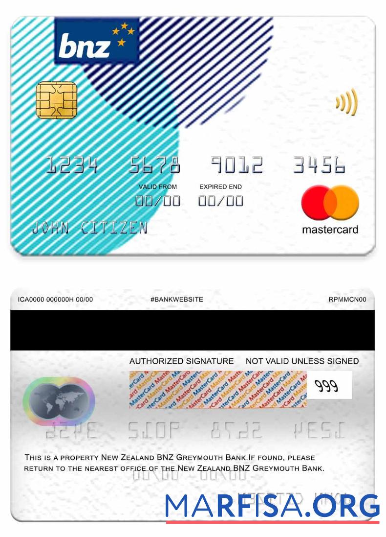 Downloadable New Zealand BNZ Greymouth Bank mastercard sample